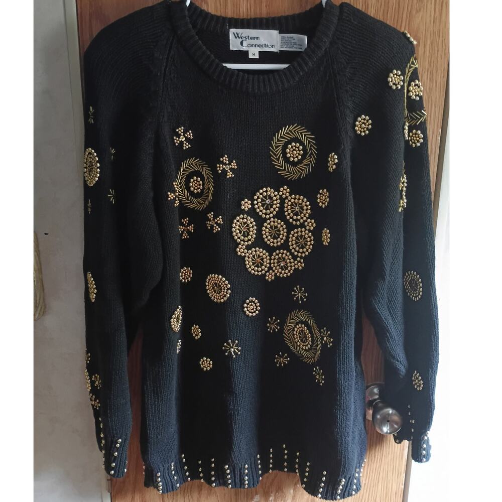 Vintage Black Gold Beaded Sweater Medium Ramie Cotton Statement Glam